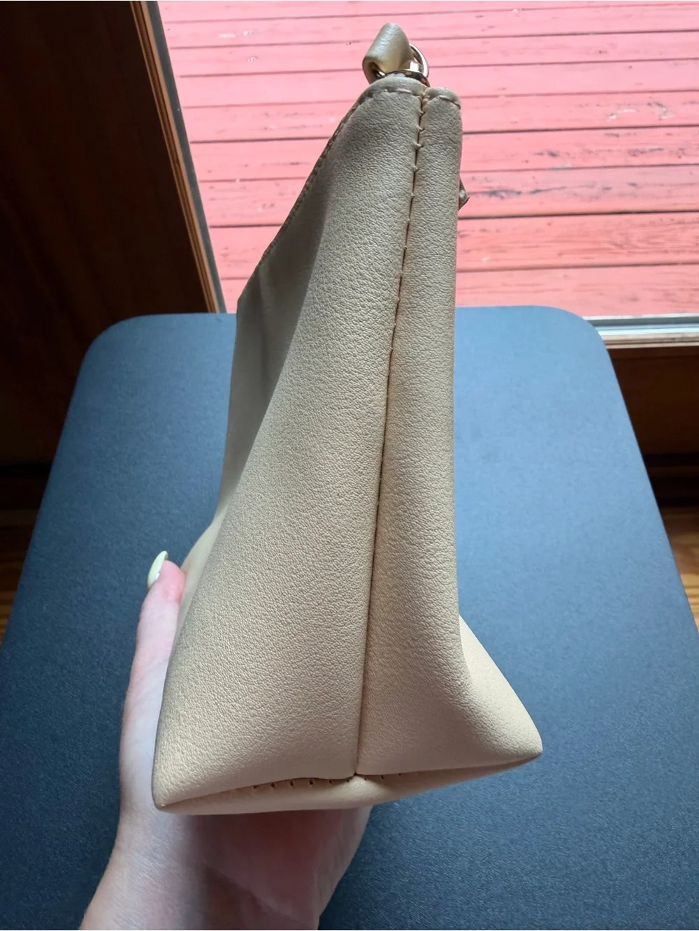 Bulgari Cream Blush Leather Cosmetic Pouch Metal Logo NWOT (8” by 5” by 2.5”)